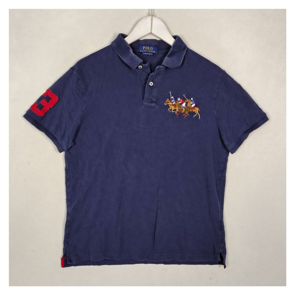 Polo Ralph Lauren Mens Navy Blue Triple Pony Custom Slim Fit Polo Shirt Size M